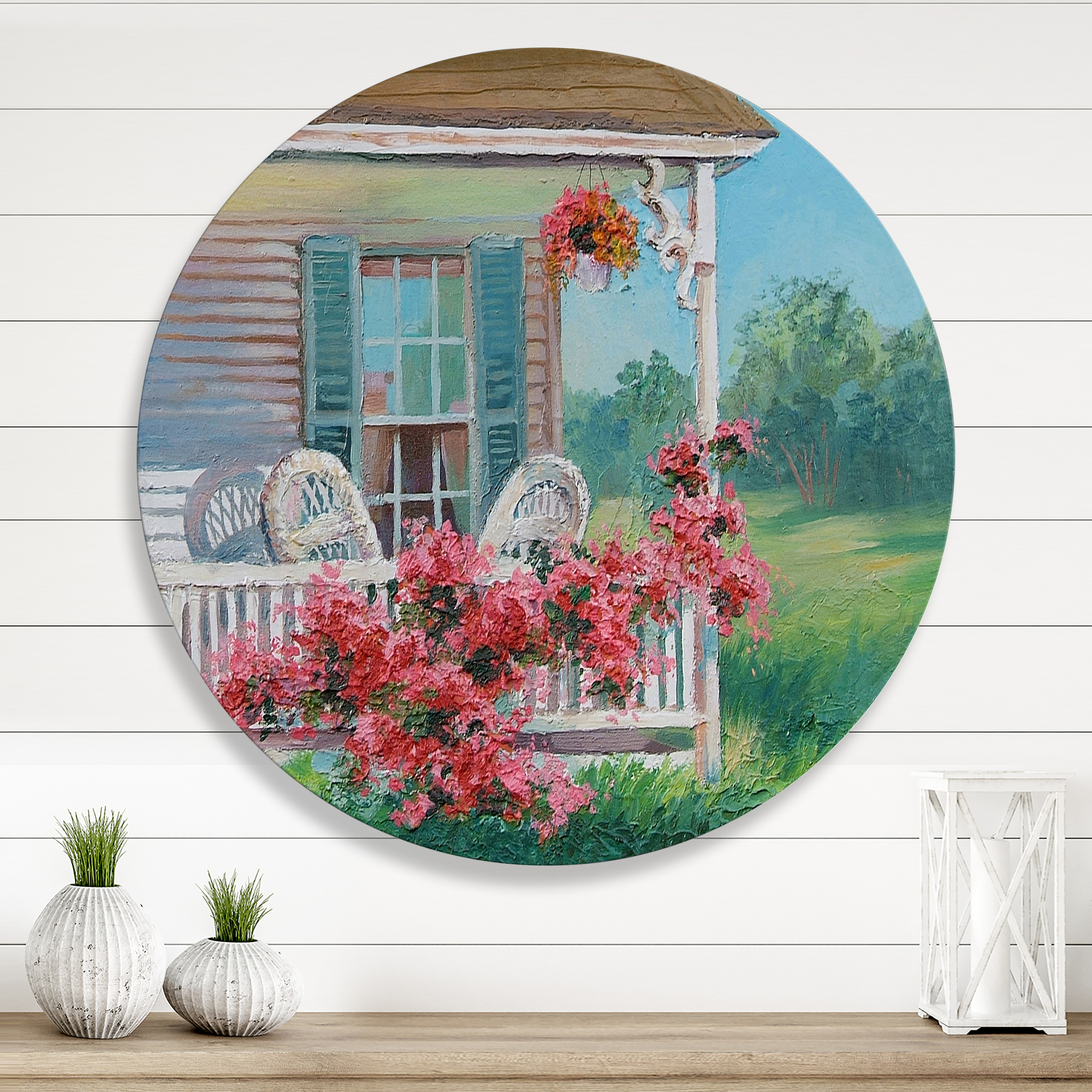 Designart 'Patio & Blossiming Red Flowers With Wooden House' Traditional Circle Metal Wall Art 11x11 - Disc of 11