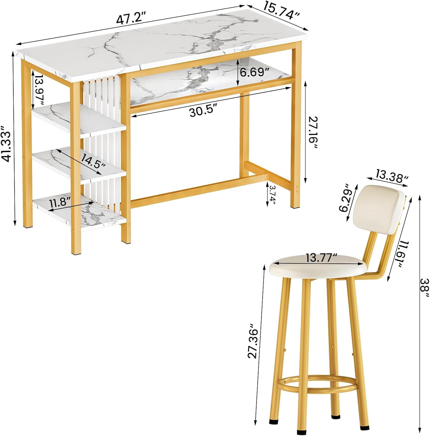 Cvortll Bar Table and Chairs Set, Kitchen Counter with 3 Tier Storage Shelves,3-Piece Faux Marble Table with 2 PU Cushion Bar Stools,White