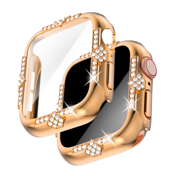 Allytechgroup for iWatch Series 10 46mm Case with Tempered Glass Screen Protector, Support Wireless Charging Crystal Diamond Rhinestone Sparkling Full Protective Cover for Women Girls, Rosegold