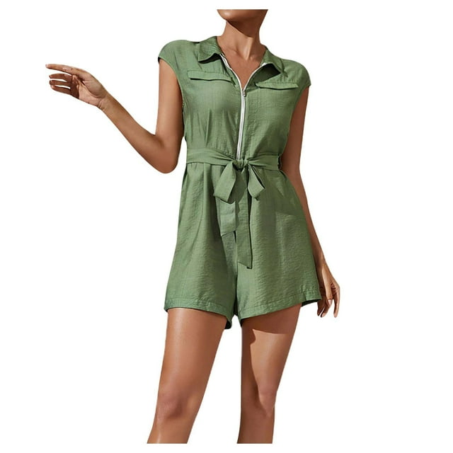 Women's Summer Jumpsuits Cap Sleeve Zipper up Collared Short Rompers Solid Color Belted Shorts Outfits for Casual Work