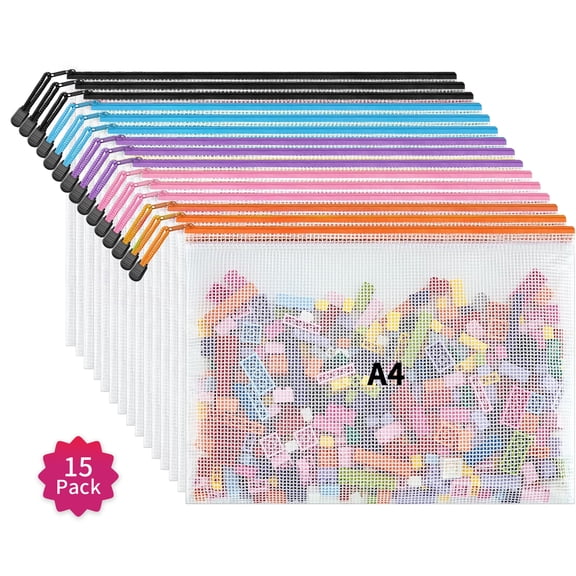 15Pack A4 Mesh Zipper Pouch Bags, Waterproof Plastic Document Organizer Folders, Multipurpose File Bags for Office, School, Toys, Board Games, Puzzles, Travel, and Home Storage Supplies
