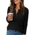 thumbnail image 2 of Holzkary Womens Henley Sweaters Lightweight Long Sleeve Shirts V Neck Tops with Button Fall Outfits 2025 Tunic Top New Solid Color Button Knit Fall Winter V Neck Long Sleeve Stripe Top Black L, 2 of 7