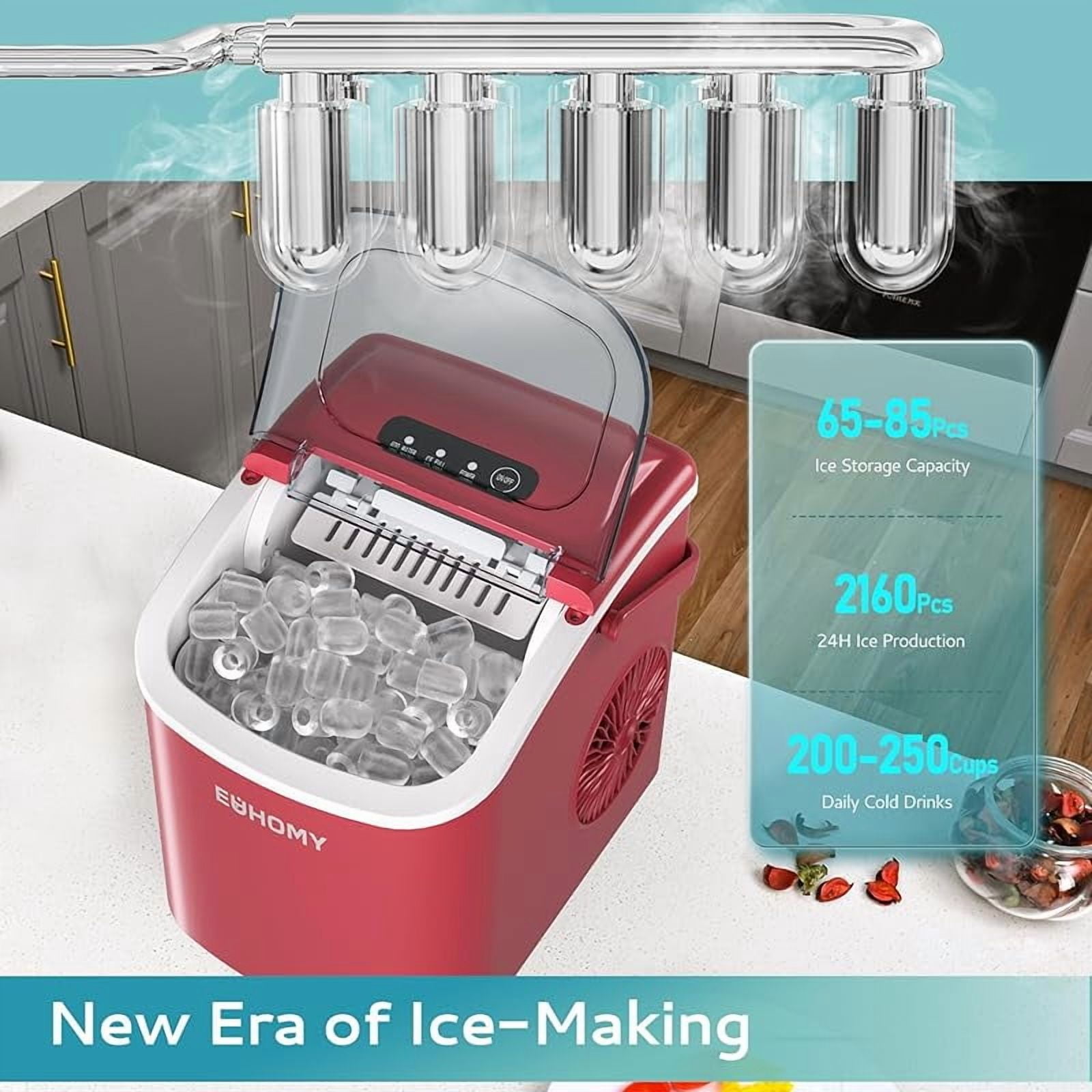 Countertop Ice Maker Machine with Handle, 26lbs Per Day, 9 Ice Cubes Ready in 6 Mins, Auto-Cleaning Portable Ice Maker with Basket and Scoop, for Home/Kitchen/Camping/RV (Red)