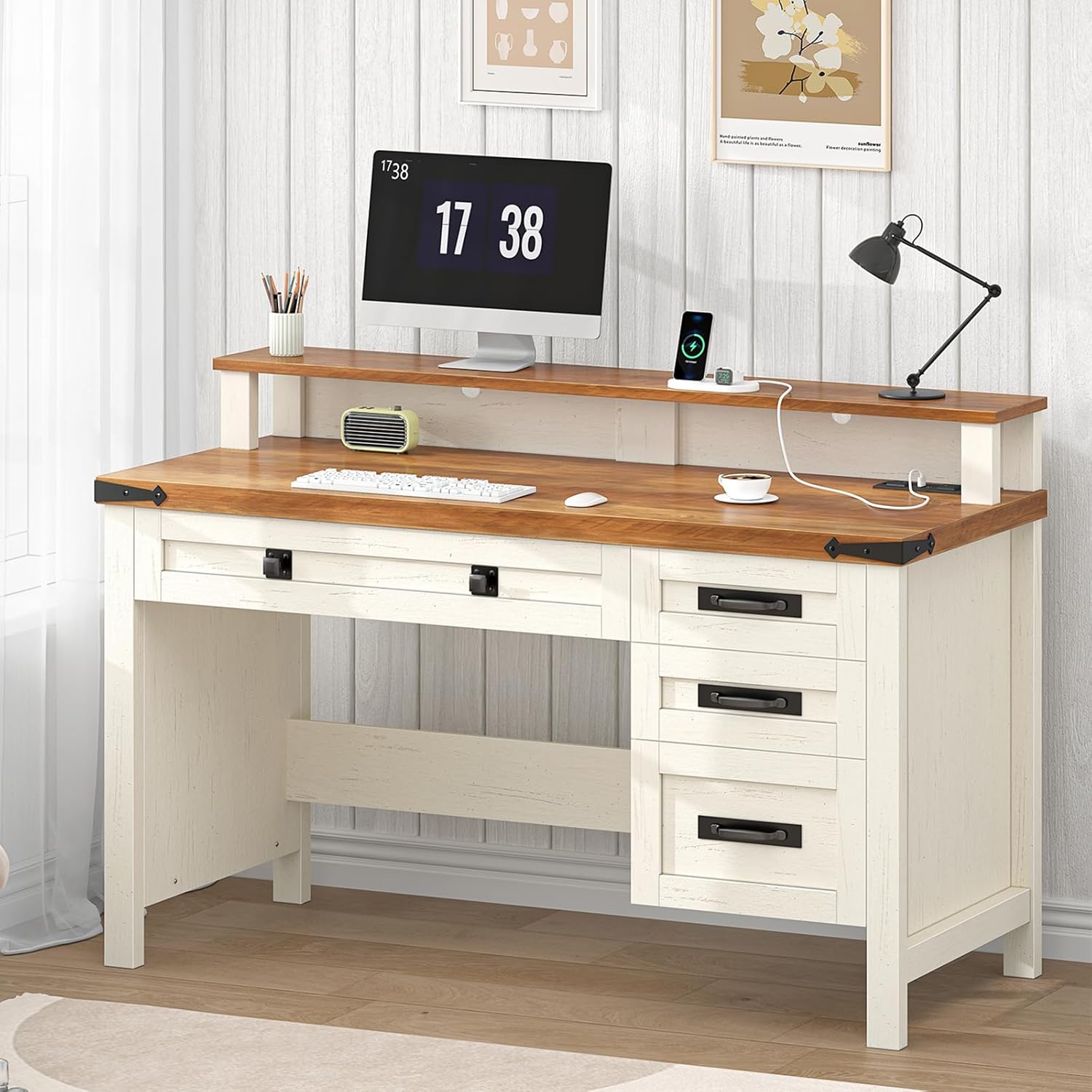 Farmhouse Executive Desk with Drawers, 47" Computer Desk with Power Outlets, Home Office Desk with Monitor Stand & 4 Drawers, Small Desk Writing Study Table, Antique White