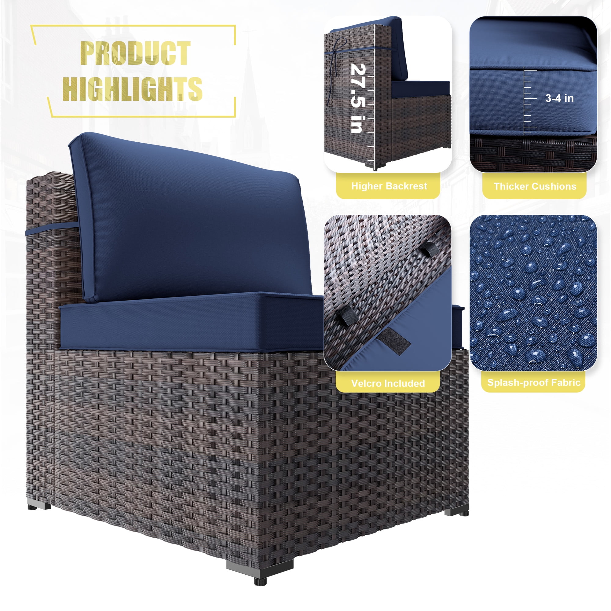 ALAULM 7-Piece Handmade Rattan Outdoor Conversation Sets with 6 Rattan Sofas and 1 Coffee Table, Brown/Blue