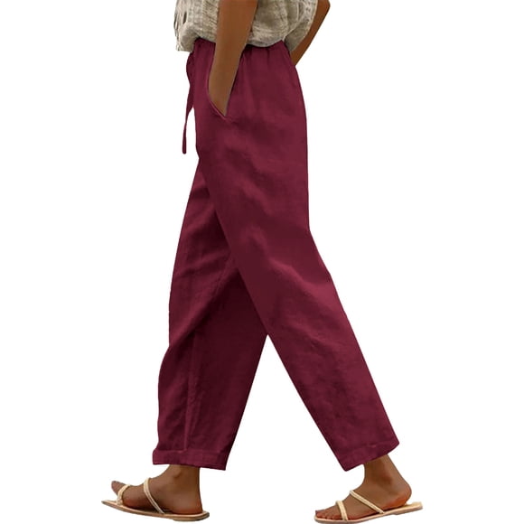 Women's Cropped Pants, Yigetop Women Solid Straight Solid Elastic Pants Long Linen Women Waist Cotton Casual Slit Trouser Legs Pants Crop Pants for Women Wine 3XL