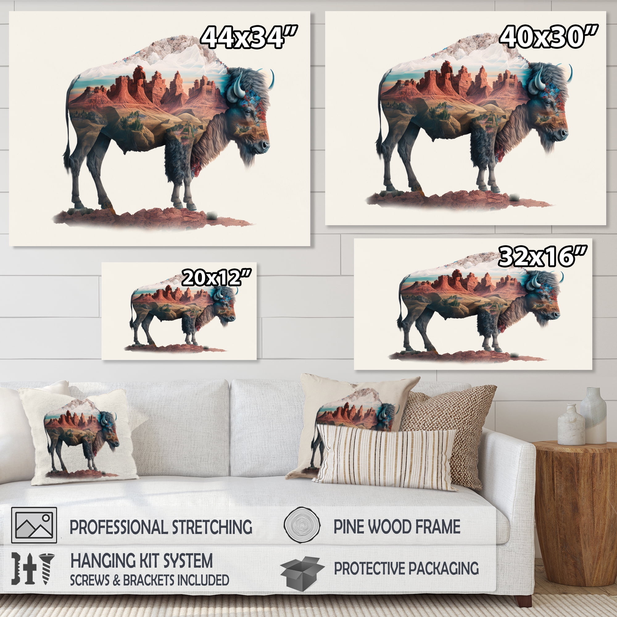 Designart Double Exposure Of A Buffalo With Nevada Landscape I Canvas Wall Art