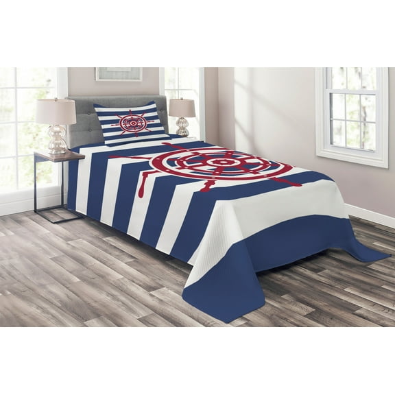Ambesonne Nautical Quilted Coverlet 2 Pcs, Red Ship Wheel, Twin Size, Navy Blue Red