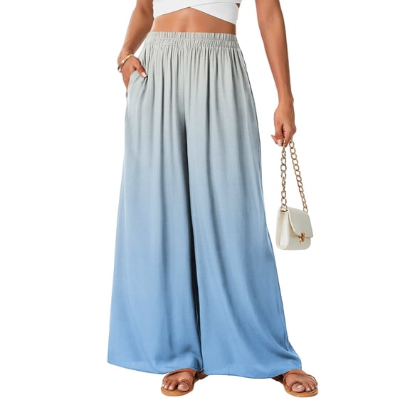 Women's Ombre Gradient Palazzo Pants, High Waisted Wide Leg Long Trousers with Pockets, Casual Summer Beach Flowy Skirt Pants