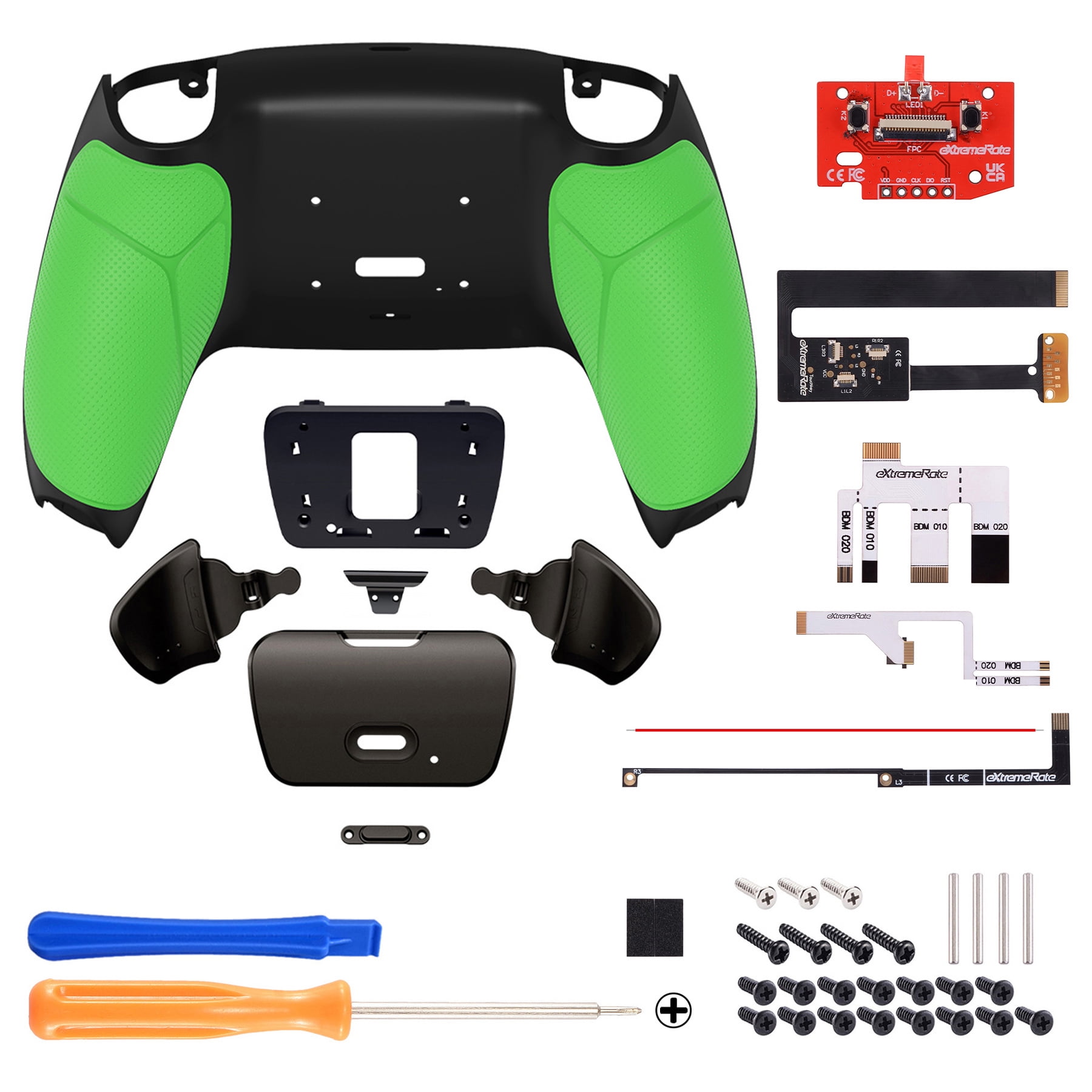 eXtremeRate Green Real Metal Buttons (RMB) Version Rise 2.0 Remap Kit for PS5 Controller with Black Rubberized Grip Back Shell, Upgraded Programable Back Buttons Attachment for PS5 Controller