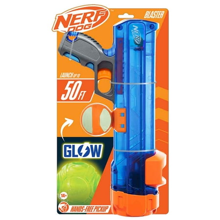 Nerf Dog Translucent Blaster Ball Launcher with Ball Clip with 2.5" TPR Glow Ball, 16-inch
