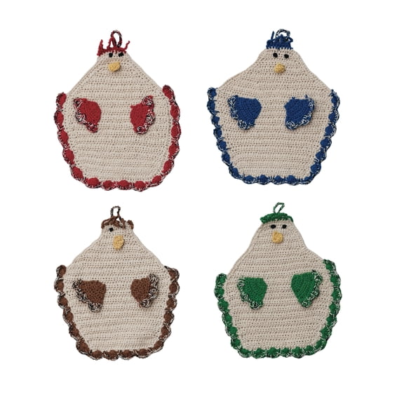 Creative Co-Op Cotton Crocheted Chicken Pot Holder, Multicolor, Set of 4