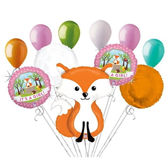 11 pc Woodland Fox It's a Baby Girl Animals Balloon Bouquet Party Decoration