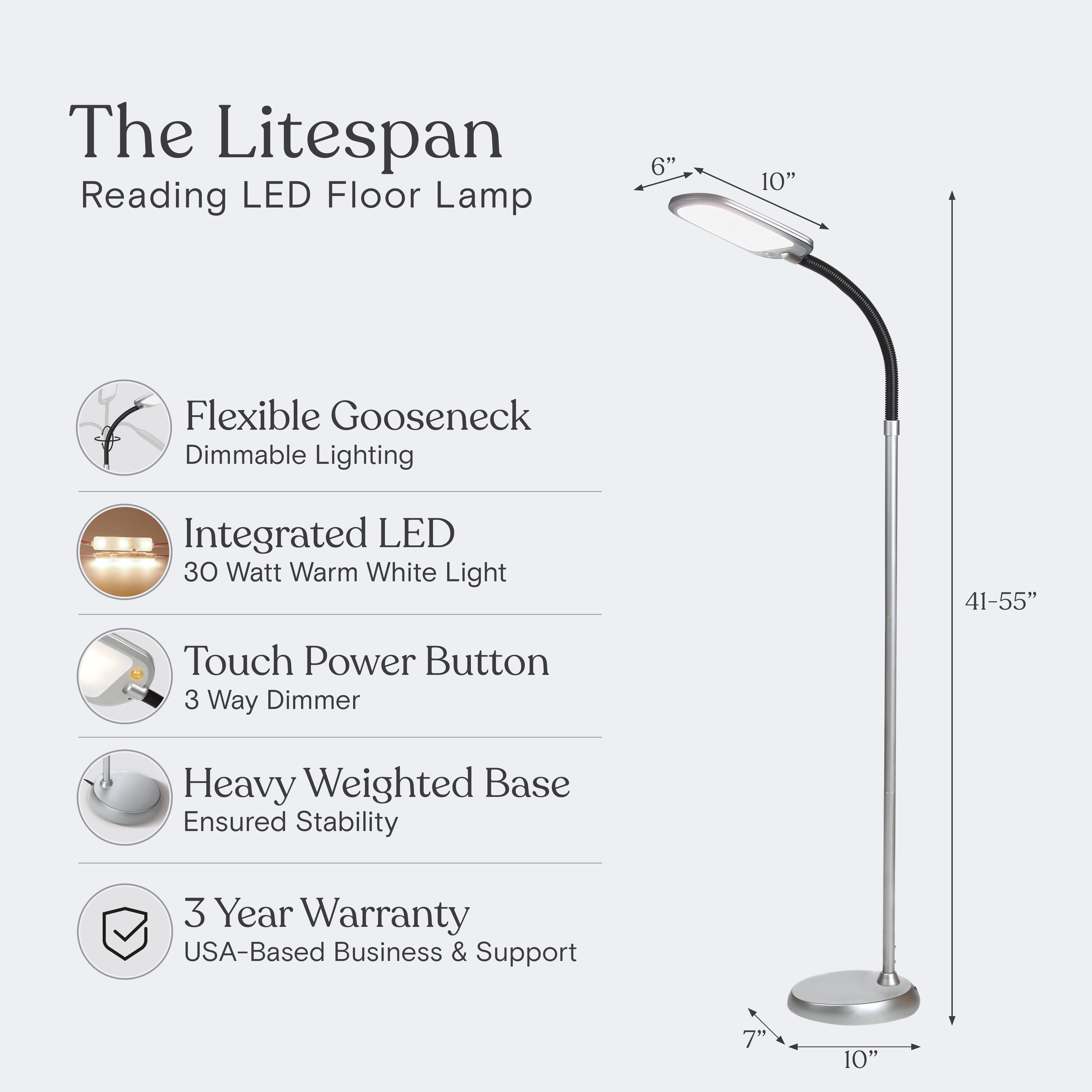 Brightech Litespan Slim LED Lamp, Modern Floor Reading Lamp Over Chair for Living Rooms & Offices, Tall Lamp with Adjustable Gooseneck, Crafts Work Light, Dimmable Standing Lamp for Bedroom - Silver