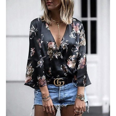 - 2019 Womens Sexy T-shirt Silk And Satin Tops Deep V-neck Small Floral 3D Printing Trumpet Long Sleeve Shiny T-shirts