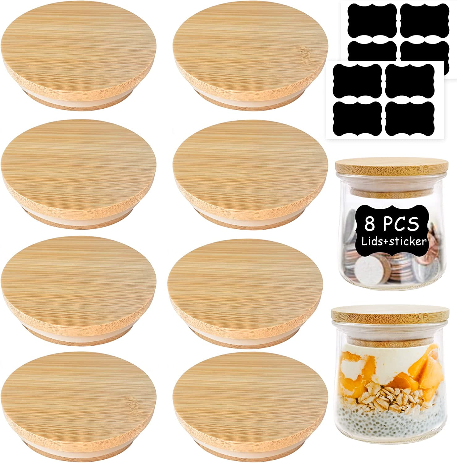 Oui Yogurt Jar Lids 8 Piece Set Natural Bamboo Wood with Silicone