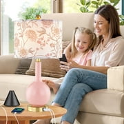 Cinkeda Pink Ceramic Table Lamp with USB Ports Floral Shade 3 Way Dimmable Touch Control Single Nightstand Lamp 24 Modern Gold Bedside Lamps for Living Room Bedroom