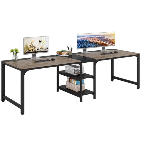 Fnova 90.55'' 2-Person Computer Desk, Double Workstation Desk with Storage Shelves, Extra Long Home Office Desk, Sturdy Metal Frame, Easy Assembly, for Home Office, Gaming, Writing & Study