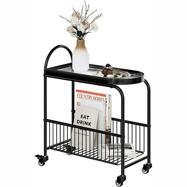 Narrow side table, modern mobile bar cart made of tempered glass with wheels and metal frame