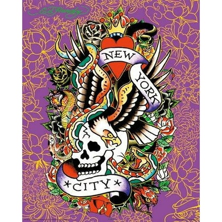 - Ed Hardy New York City 19.5x15.5 Tattoo Art Print Poster Skull Serpents Eagle and Roses against Violet