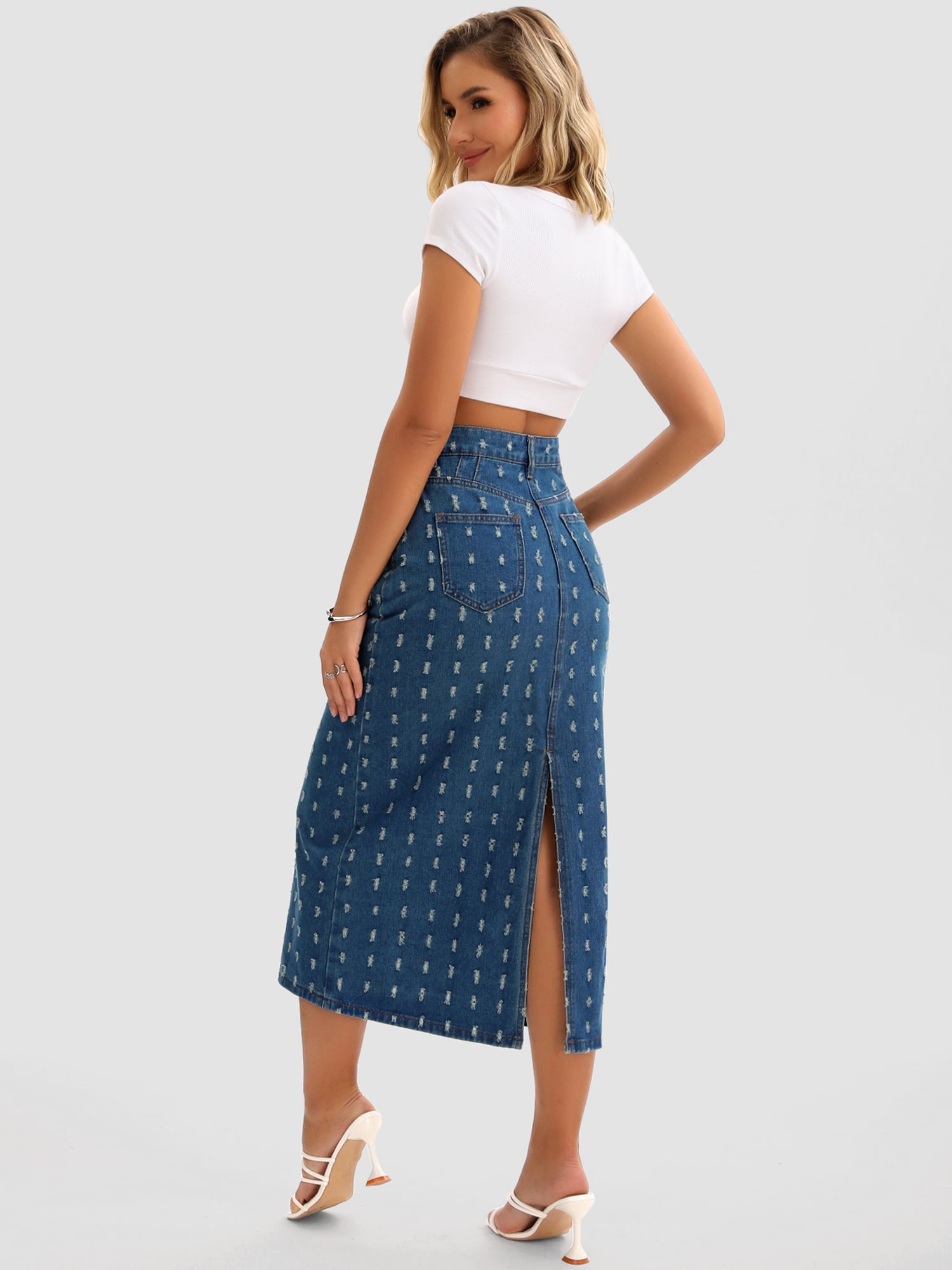 DARING DIVA Women's Denim Ripped Holes Back Slit Midi Jean Skirts X-Large Vintage Blue