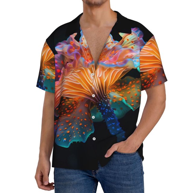 Balery Bioluminescent Underwater Flower Camisa Casual de Manga Corta con Botones para Hombre, Texturizada, Estilo Cubano, para Playa, Verano-Medium