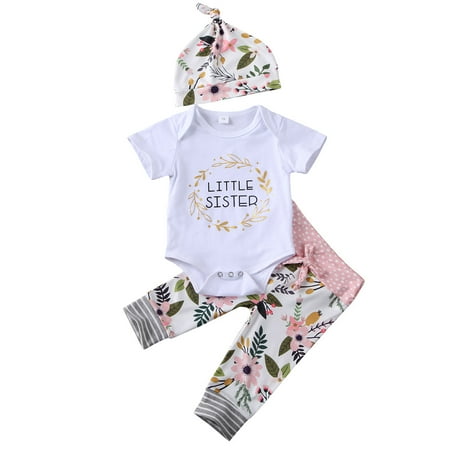 

Qmyliery Sister Matching Casual Outfits Letter Printed Romper/T-Shirt + Flower Printed Pant/Skirts + Hat/Headband Sets