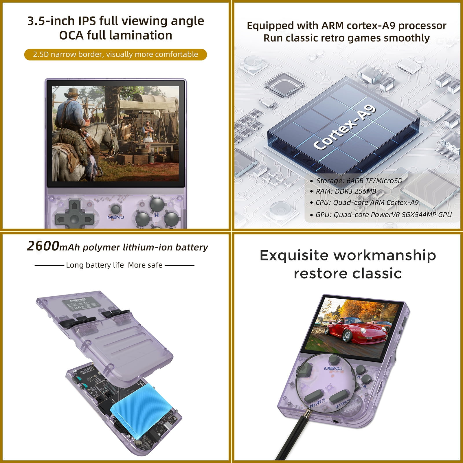 RG35XX Handheld Gaming Consoles ,64GB,Dual System Linux+Garlic , Support HD TV Output Purple
