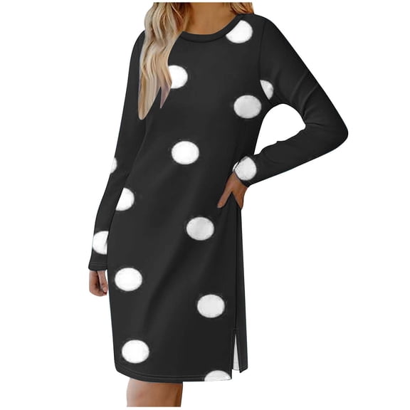 SMihono Womens Casual Long Sleeve Dress Fashion Dot Print Side Split Comfy Midi Dress Dressy Crewneck Spring Tunic Dress Tops Black 8