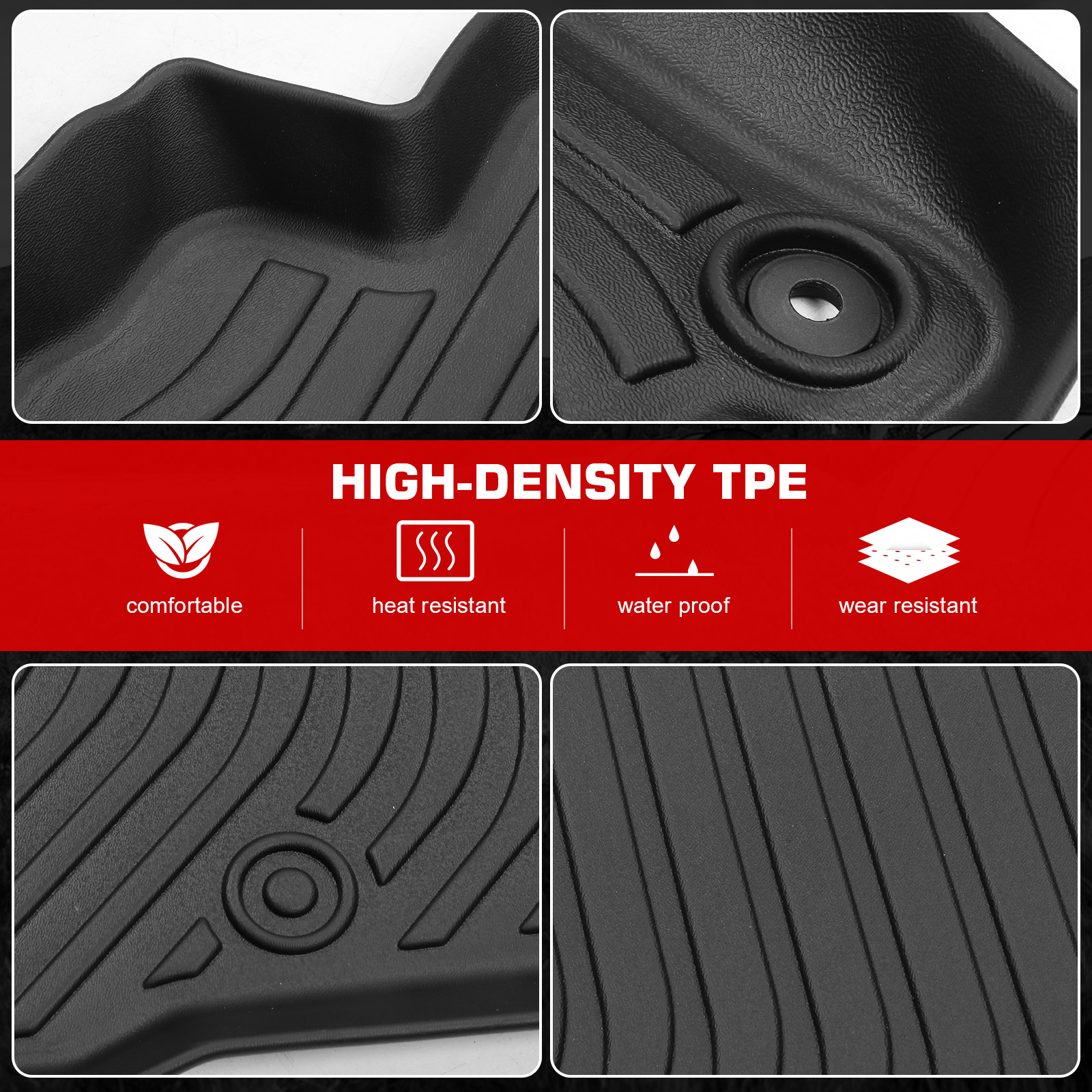 Ikon Motorsports Floor Mats Compatible With 2022-2025 Hyundai Tucson Hybrid, 3D Molded Custom Carpets 1st 2nd Row Front Rear Protection 3PC Pad Black TPE Thermo Plastic Elastomer All Weather Liner