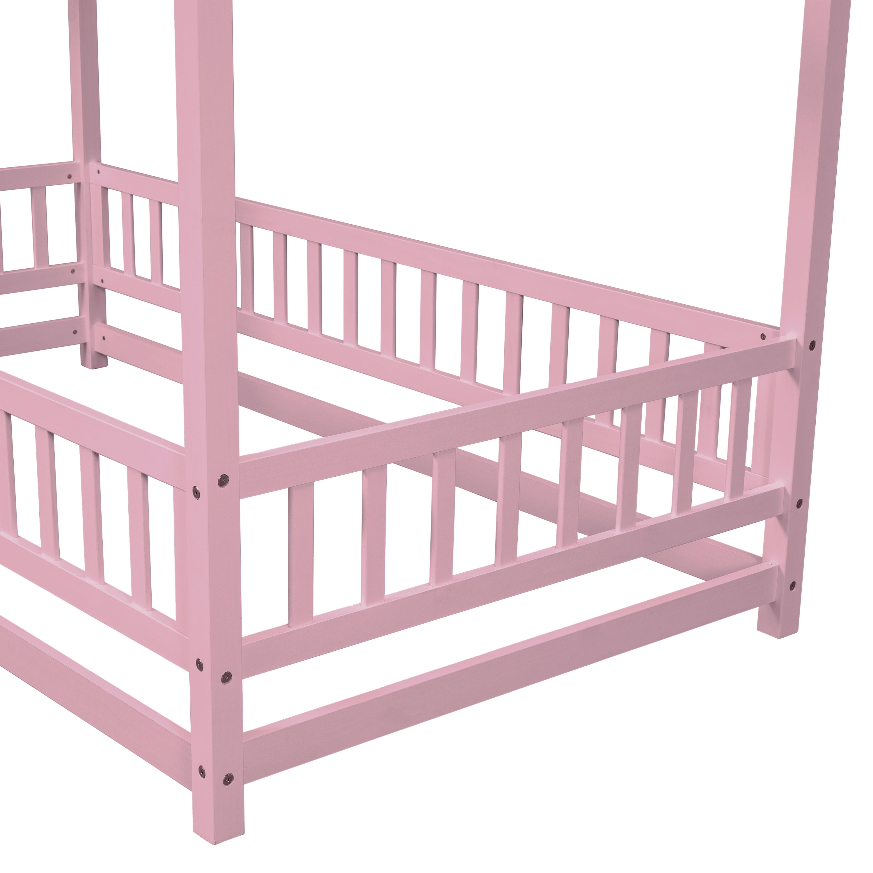 Miniyam Kids Twin Montessori House Floor Bed with Fence, Wood Roof Frame, Pink
