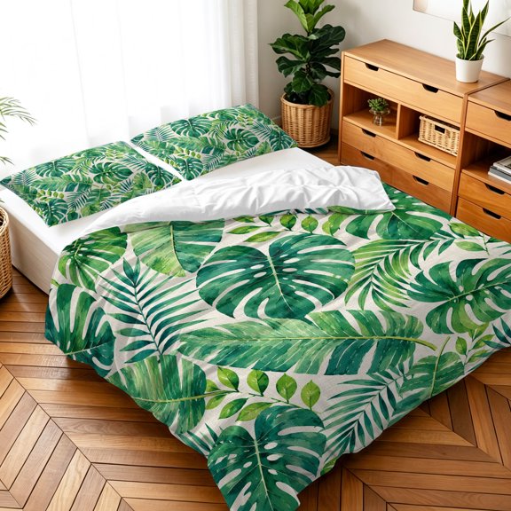 Queen Size 3 Pieces Duvet Cover Sets Tropical Green Monstera Bedding Set,Microfiber Soft Comforter Cover with Pillow Shams,Luxury Quilt Covers for Bedroom Decor Summer Palm Leaf Retro Linen