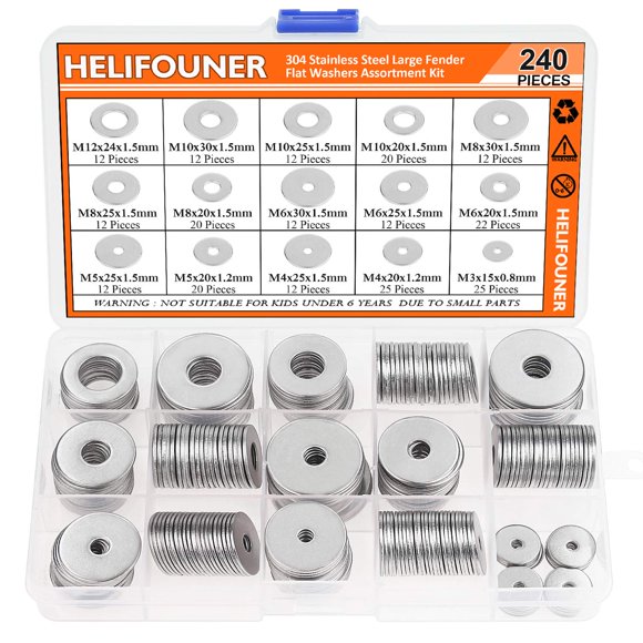 Helifouner 240 Pieces 15 Sizes 304 Stainless Steel Large Fender Washer Assortment Kit (M3 M4 M5 M6 M8 M10 M12)