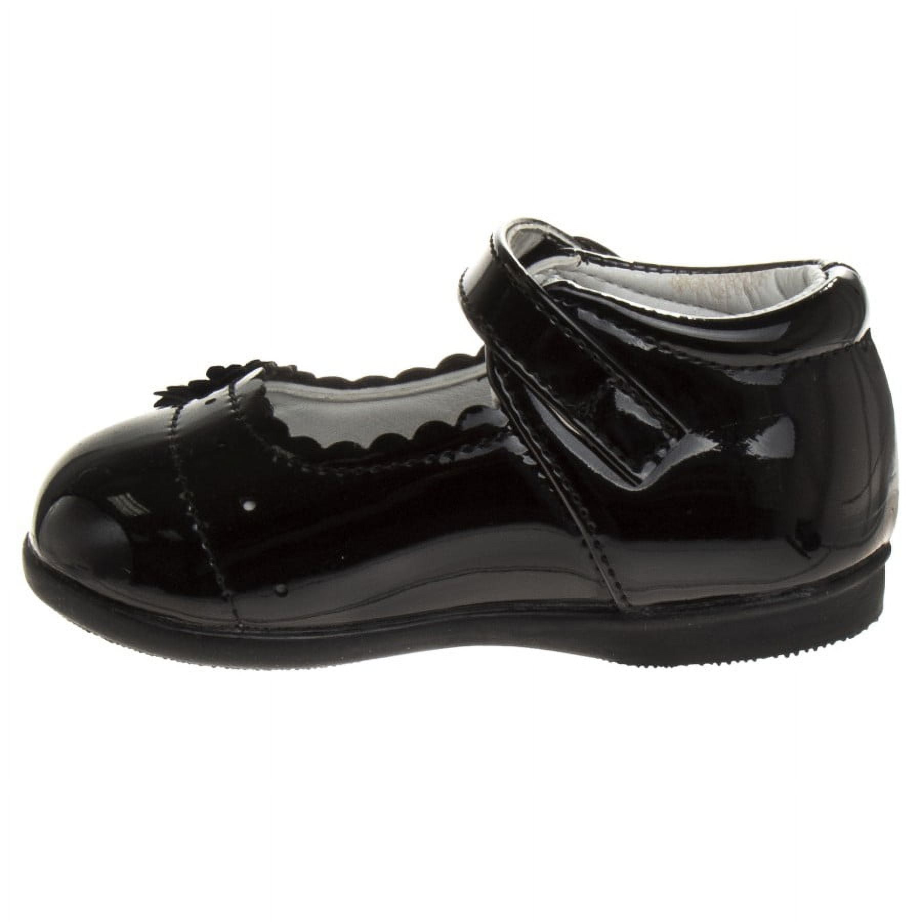 Josmo Toddler Girls Buckle Faux Leather Flat Heel Dress Shoes with Flower Detail - Black Patent, 8