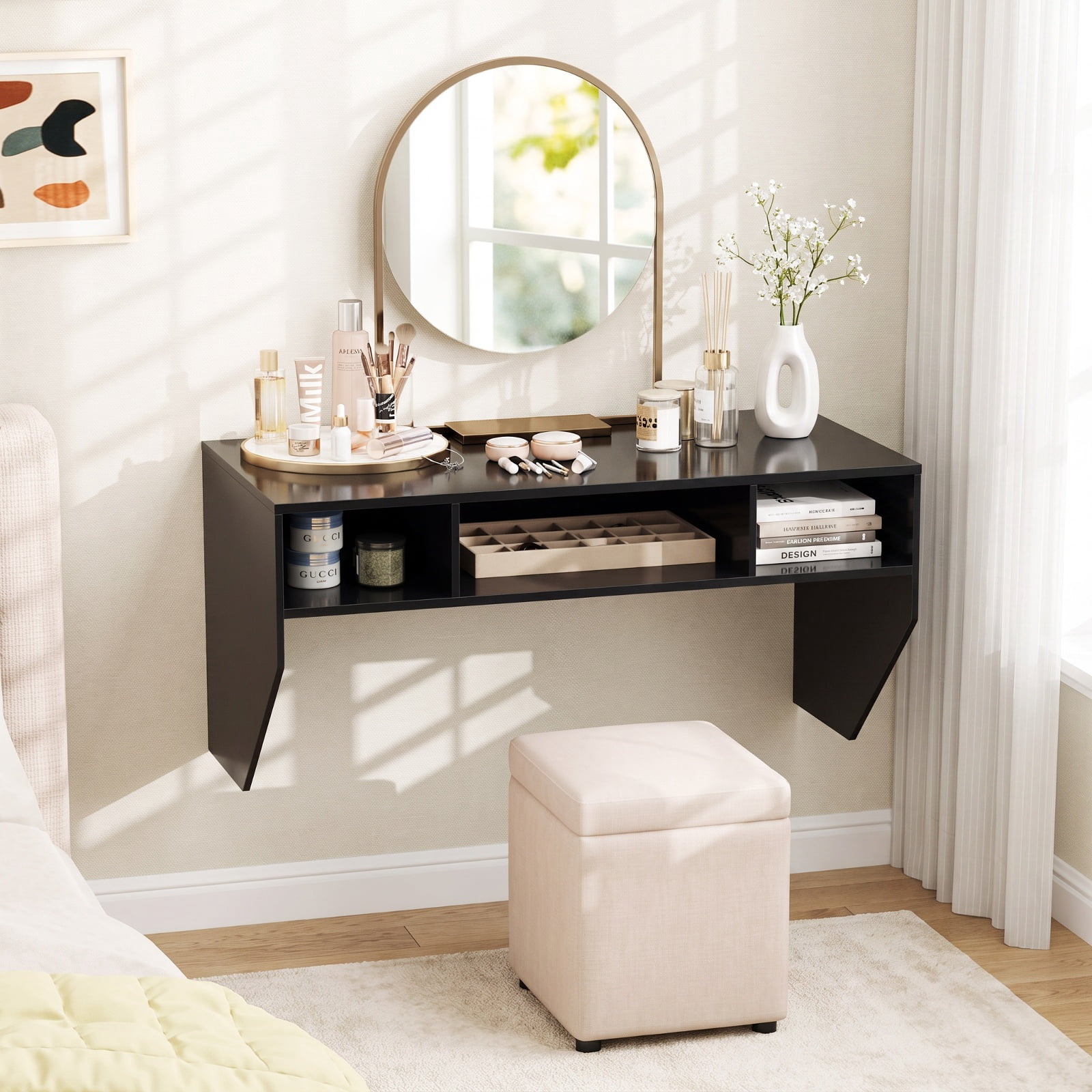 Furnibear Wall-Mounted Computer Desk Floating Laptop Desk with 3 Storage Compartments for Home Office Study Computer Writing Workstation, Black