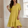 thumbnail image 2 of Dressy Dresses for Women Flowy Midi Cotton Linen V Neck Knee Length Boho Shirt Dresses Short Sleeve Ruffle Tiered Layered Vacation Gauze Dresses Yellow M, 2 of 5
