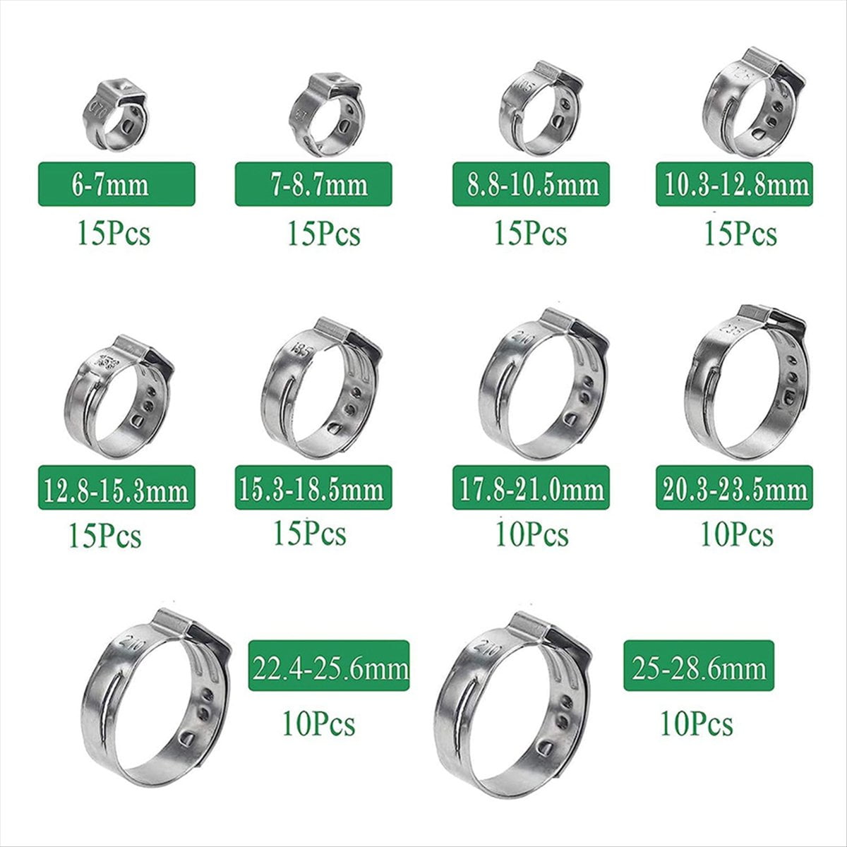 131 PCS Single Ear Hose Clamps, Stepless Clamps for Pipe Fittings