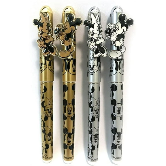 4 PC SET: Disney Mickey and Minnie Mouse Ball Point Pens Silver and Gold