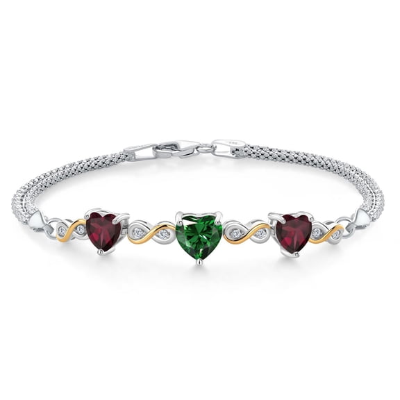 925 Silver and 10K Yellow Gold Green Nano Emerald and Red Rhodolite Garnet and White Lab Grown Diamond Bracelet for Women (2.52 Cttw, May Birthstone, Heart 7MM and 6MM, 6.5/7/7.5 inch, Made in Italy)