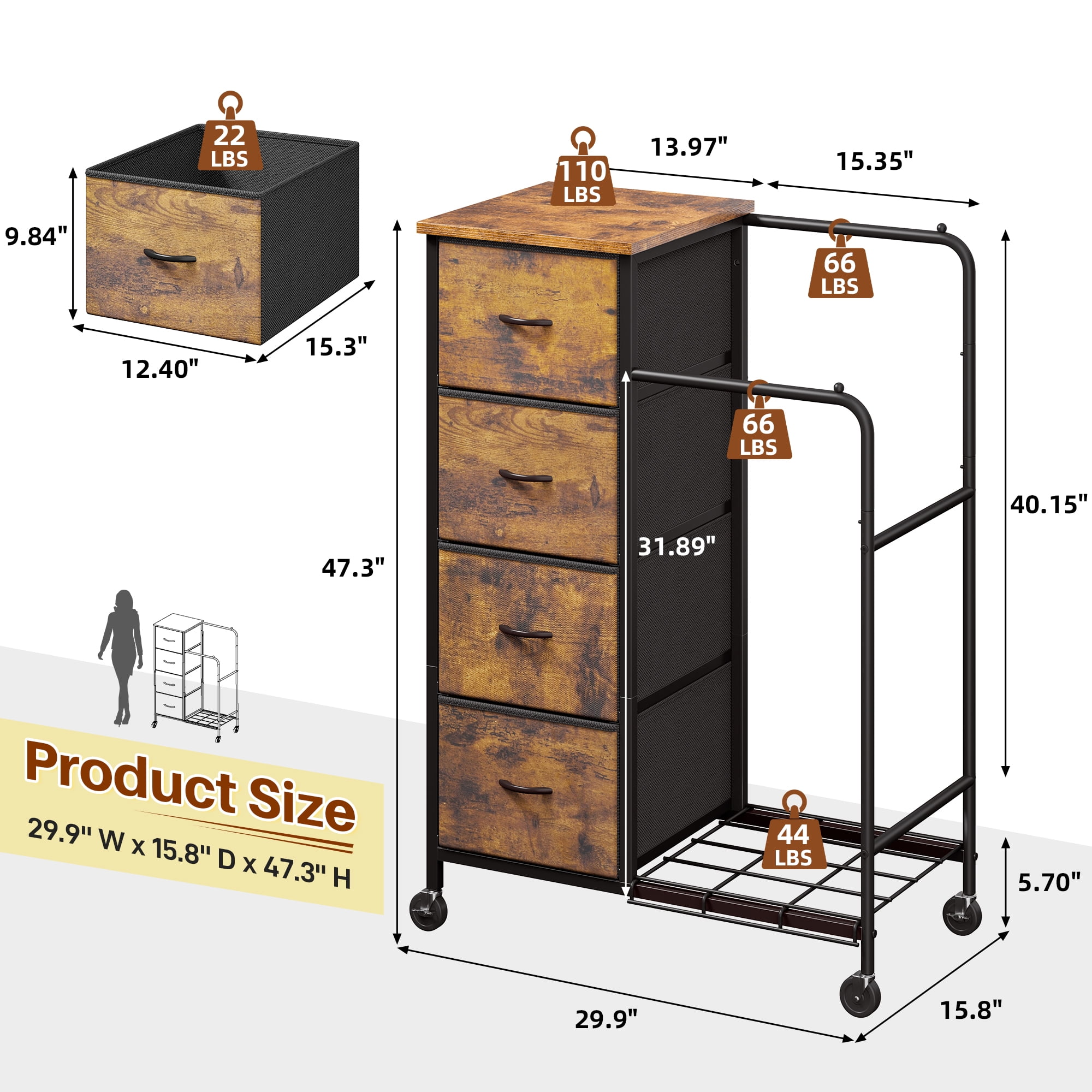 EnHomee Fabric Dresser with 2 Hanging Racks Small Dresser with 4 Drawers for bedroom Small Closet with Clothes Rack, Rustic Brown
