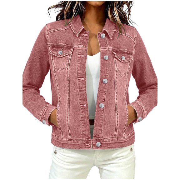 Lightweight Jacket Women Baeitkot Women's Solid Color Long Sleeve Denim Jacket with Collar Button Front and Multi-Pockets Casual Trucker Coat