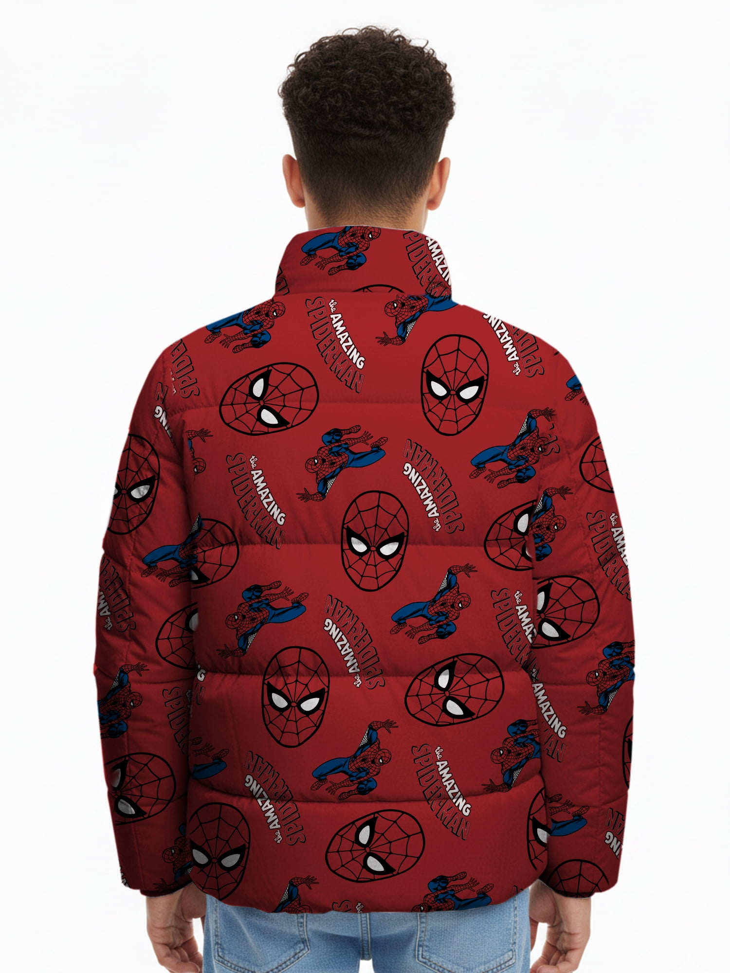 Spider-Man Little and Big Boys Graphic Zip Puffer Jacket, Lightweight, Sizes 4-12