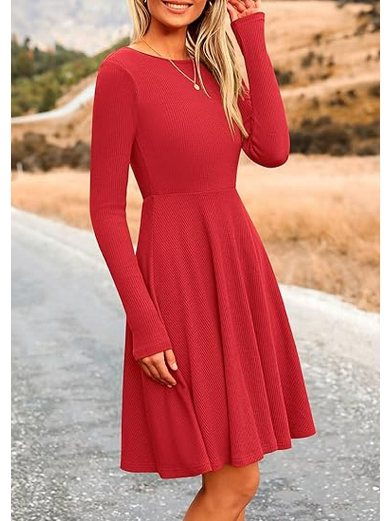 PRETTYGARDEN Women's Spring Fall Short Dress Ribbed Knit Crewneck Long  Sleeve A Line Flowy Casual Elegant Going Out Dresses - Walmart.com