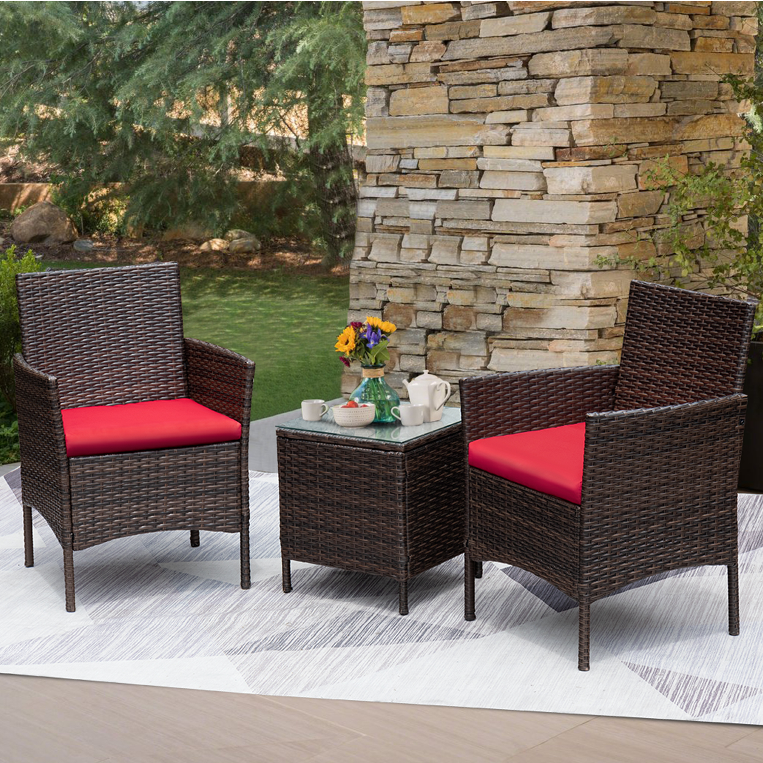 Devoko 3 Pieces Patio Conversation Set Outdoor Furniture Brown/Red fabric Steel - image 2 of 7