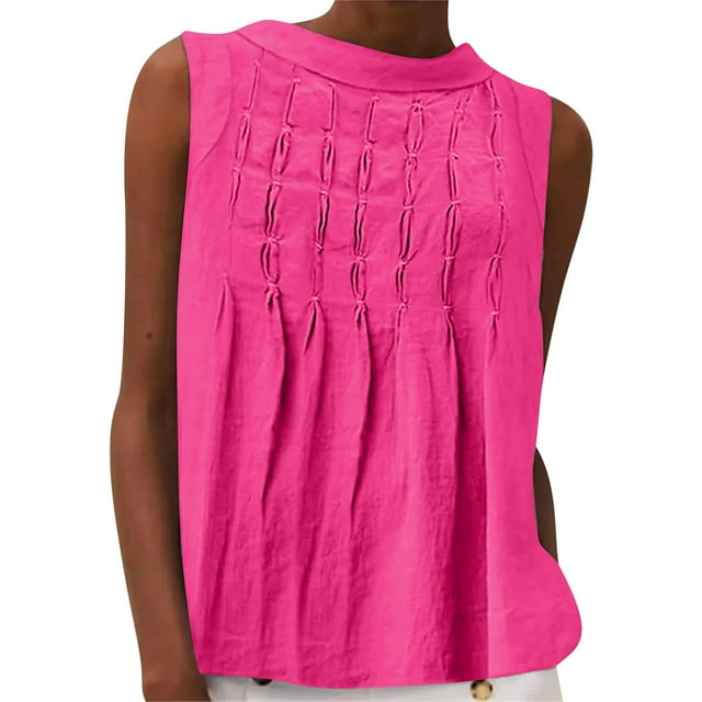 Débardeur Plissé pour Femme, Hauts Unis en Coton et Lin, T-Shirt Sans Manches à Col Rond Ample, Blouse Camisole avec Soutien-Gorge Intégré S