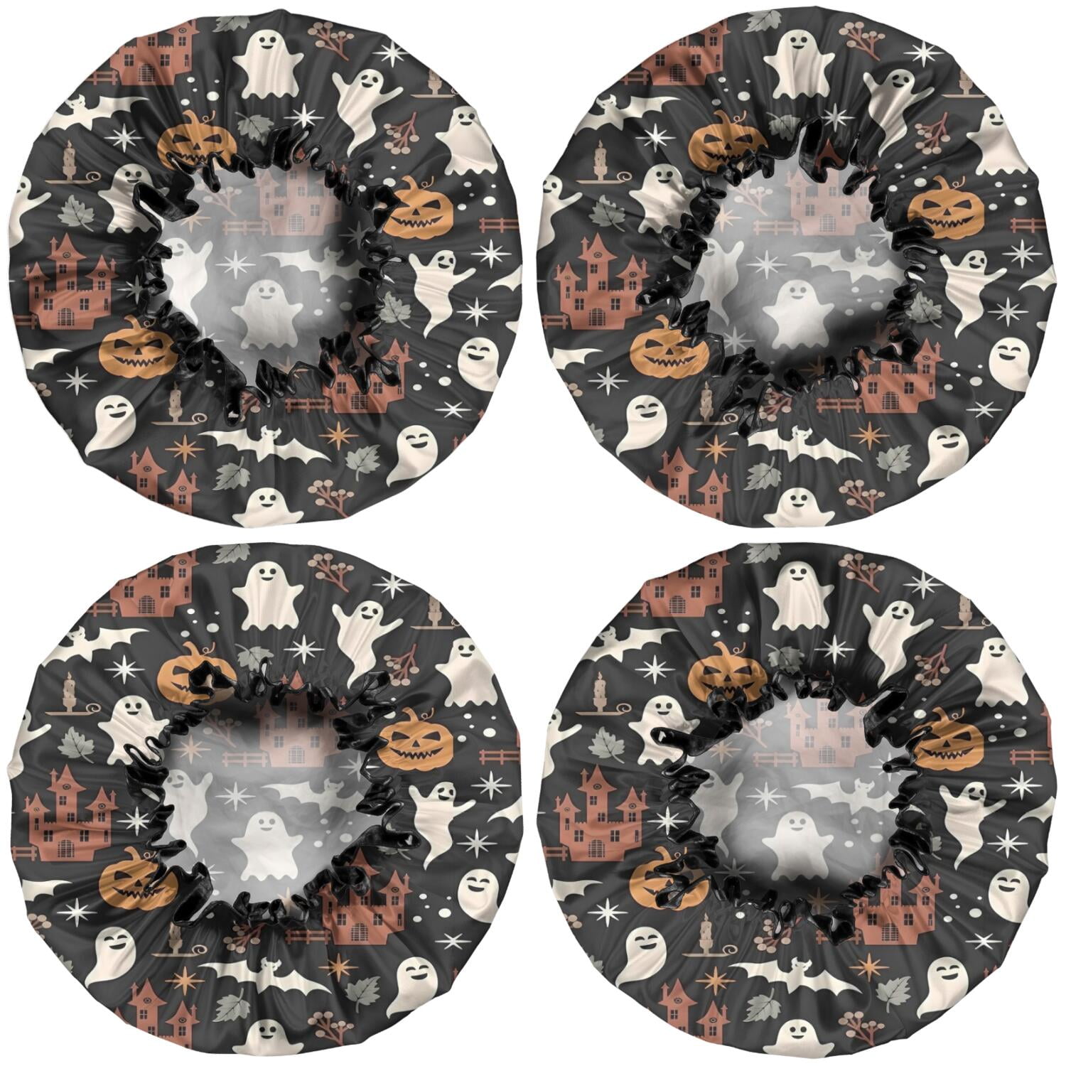 Shower Caps,Vintage Halloween Scene Pattern Waterproof Shower Cap for Women 4 Pieces,Double Reusable Hair Cover for Shower PEVA Elastic Stretch Hem
