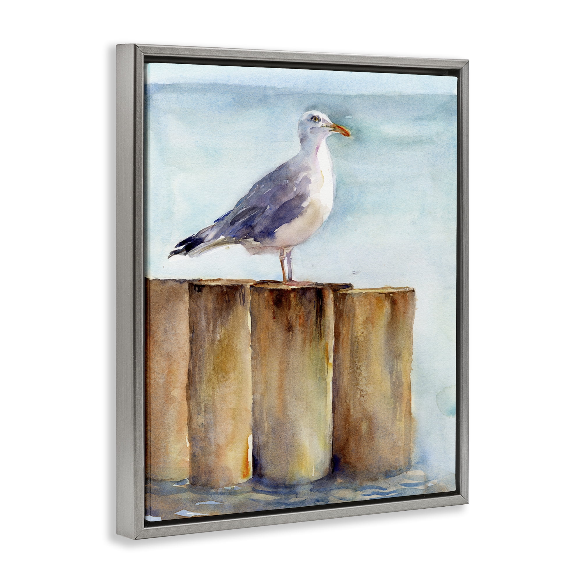 Stupell Industries Seagull's Perch by Sea Nautical & Beach Painting Gray Floater Framed Canvas Art Print Wall Art, 17 x 21