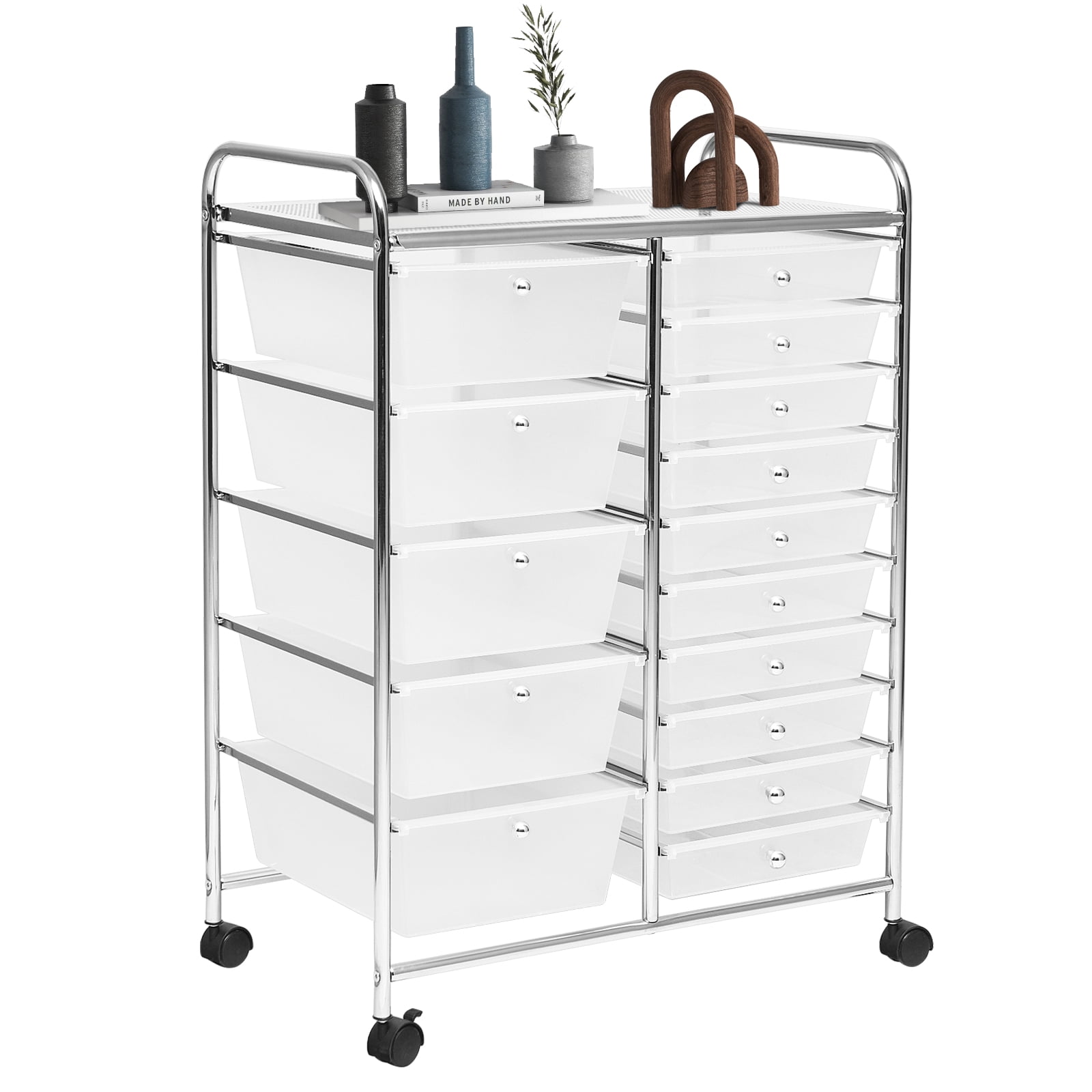 Costway 15-Drawer Rolling Storage Cart Mobile Organizer with Lockable Wheels Clear