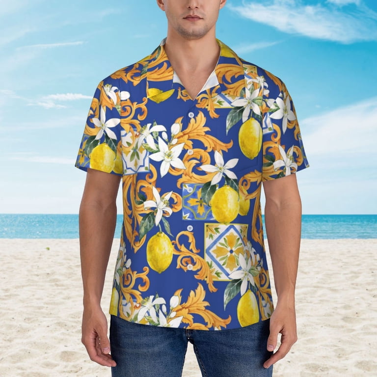 MCEDAR Men's Vintage Hawaiian Shirt - Short Sleeve Casual Button Up For Beach & Vacation, Yellow Blue, Size 3X-Large