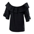 thumbnail image 5 of iHengLiXing Boat Neck Off Shoulder Tops for Women Women Fashion Ruffled Loose Color Short Sleeved Off Shoulder Casual Tops Black M, 5 of 7